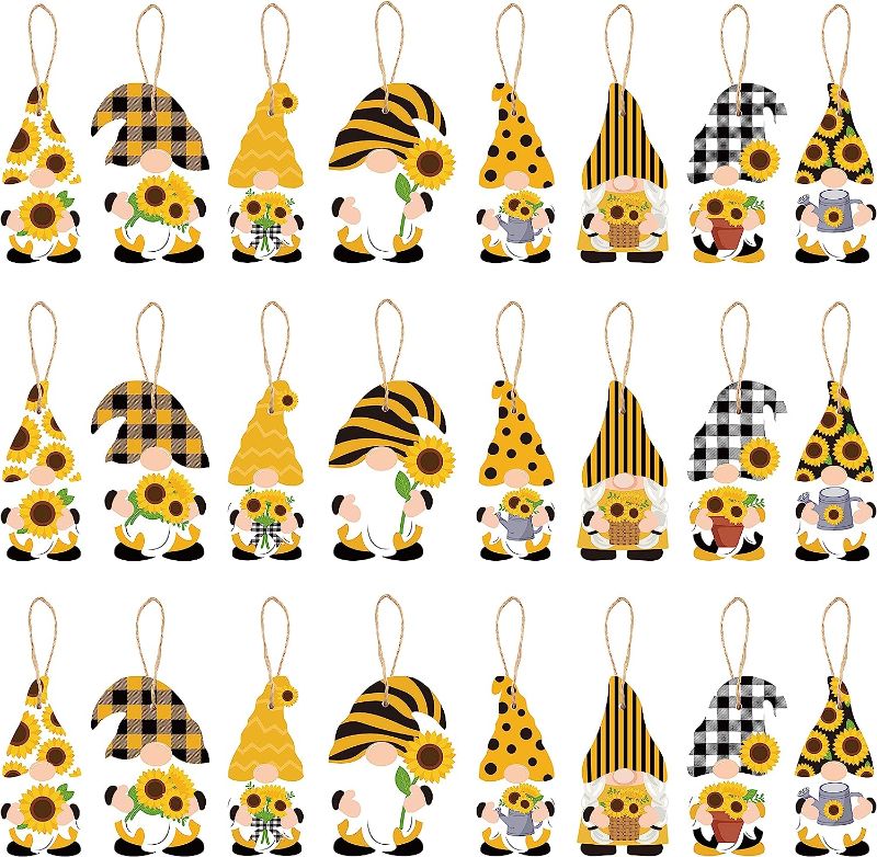 Photo 1 of 2 Pack 36 Pcs Sunflower Gnome Wooden Ornament, Hanging Wooden Pendants for Summer Party Decoration, Yellow Flower Gnome with Hat Handing Tag with Burlap Rope for Holiday Theme Party Favor Supplies