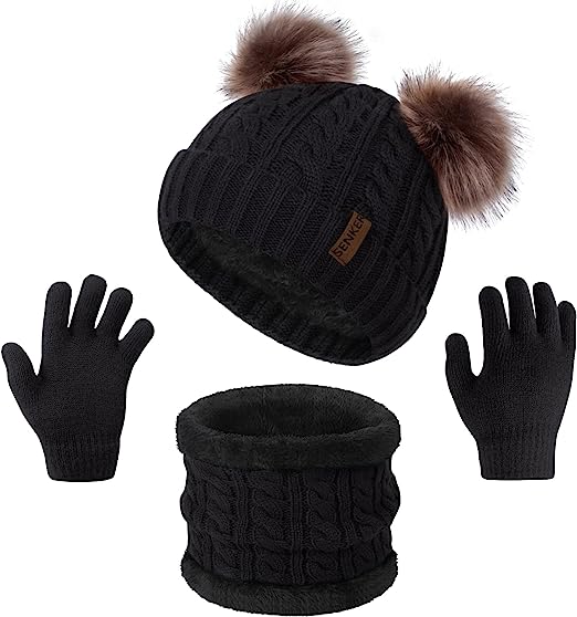 Photo 1 of 3 Pcs Kids Winter Beanie Hat Scarf Gloves Set for Girls Boys Knit Warm Pompom Toddler Winter Hat Mittens Neck Warmer Sets

