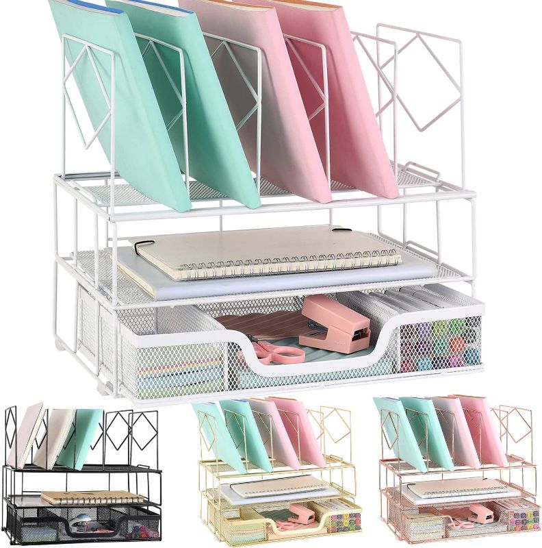 Photo 1 of gianotter Desk Organizers and Accessories, Office Supplies Organizer with Sliding Drawer, Double Tray 5 Upright Section ?File Sorter (White)
