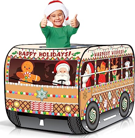 Photo 1 of ArtCreativity Christmas School Bus Pop Up Tent, Christmas Tent for Kids with a Carry Bag, Pop Up Play Tent for Hours of Fun, Great for Indoor Christmas Decorations, 43.5 x 28 x 26.5 Inches
