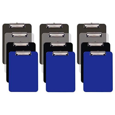 Photo 1 of Assorted Colors Plastic Clipboards 12 Pack Durable 12.5 X 9 Inch Low Profile Clip by Better Office Products (3 Each of Black Blue Gray Clear)
