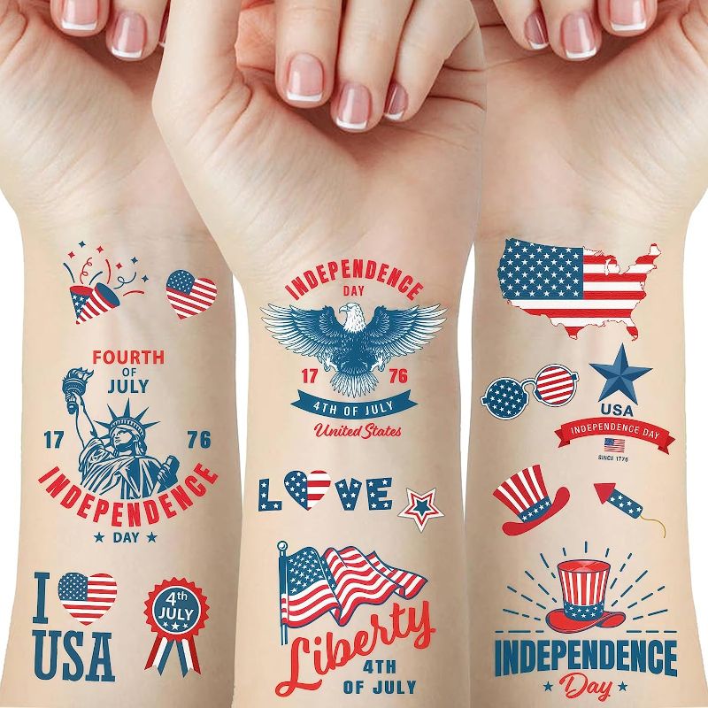 Photo 1 of 2- 50 Pcs 4th of July Decorations Temporary Tattoos, 12 Sheets Patriotic, Memorial Day, Independence Day, Labor Day Decorations, USA Party Supplies, American Flag Red White & Blue Design
