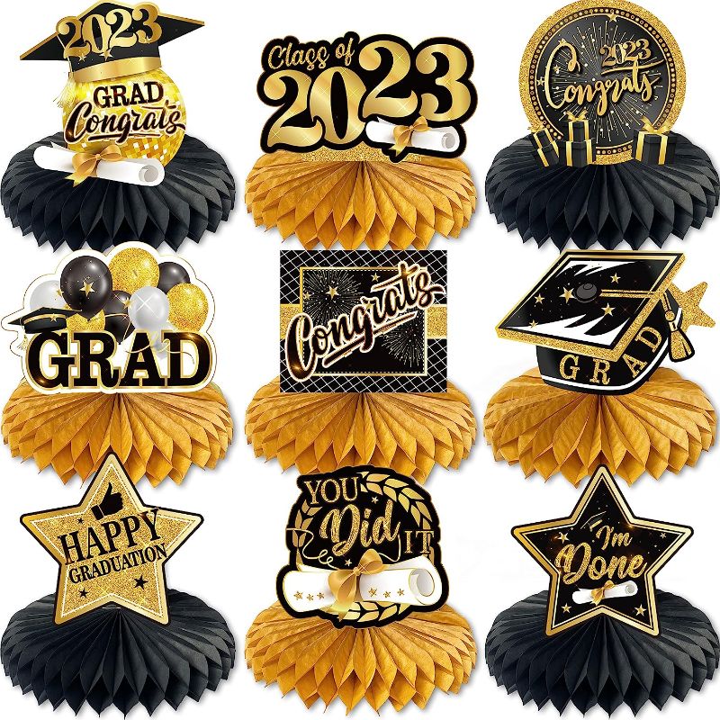 Photo 1 of 9 PCS Graduation Party Decorations Class of 2023 Black and Gold Congrats Grad Honeycomb Centerpieces for Tables 2023,Congratulate Graduation Table Toppers for Graduation Party Favor Supplies
