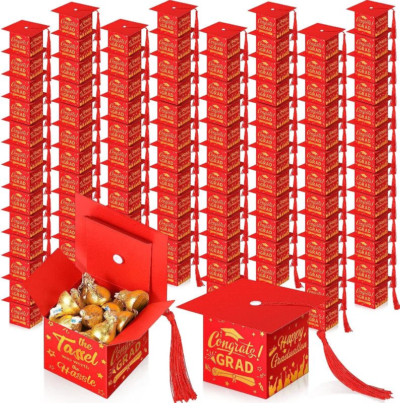 Photo 1 of Crtiin 100 Pcs Graduation Candy Boxes with Tassel Graduation Party Favors 2023 Graduation Gifts Graduation Decorations Grad Cap Candy Box for Candy Biscuit Chocolate Supplies (Red and Gold)
