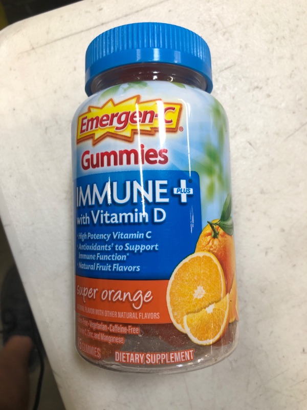 Photo 2 of best by 05/2023   Emergen-C Immune+ Immune Gummies, Vitamin D plus 750 mg Vitamin C, Immune Support Dietary Supplement, Caffeine Free, Gluten Free, Super Orange Flavor - 45 Count