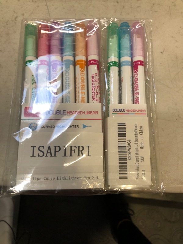 Photo 2 of ISAPIFRI 9 Pcs Colored Curve Highlighter Pen Set, Dual Tip Curve Pens, 6 Different Shapes and Colors, for Teenagers Kids Students Marking, Writing, Drawing, Coloring