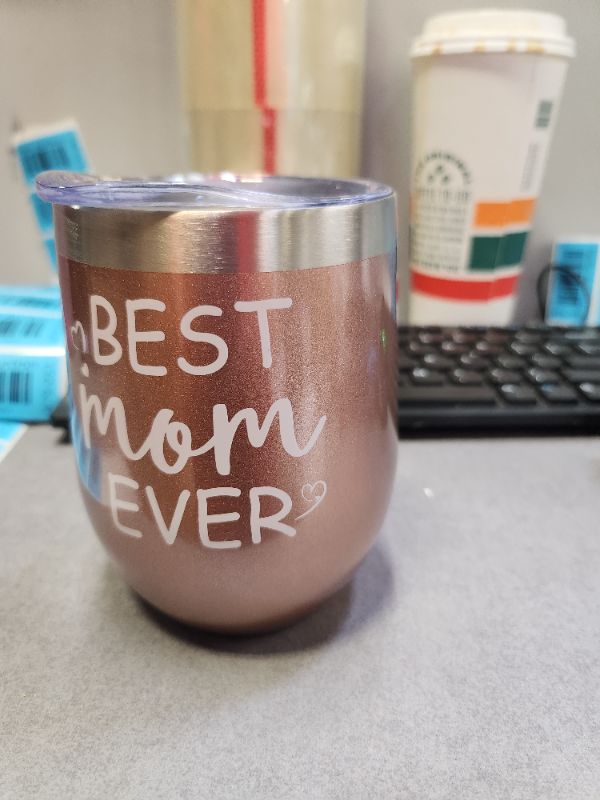 Photo 2 of  Best Mom Ever Wine Tumbler with Lid and Straw, Mother's Day Birthday Gifts for Mom Mommy Mother, Stainless Steel Insulated Mom Wine Tumbler with Saying for Women (12 Oz, Rose Gold)