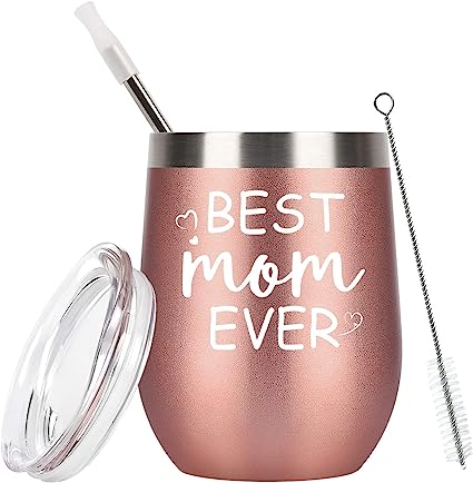 Photo 1 of  Best Mom Ever Wine Tumbler with Lid and Straw, Mother's Day Birthday Gifts for Mom Mommy Mother, Stainless Steel Insulated Mom Wine Tumbler with Saying for Women (12 Oz, Rose Gold)