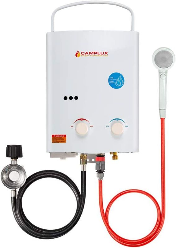 Photo 1 of Camplux Tankless Water Heater, 1.32 GPM Portable Propane Outdoor Camping Water Heater, 5L, AY132, White
