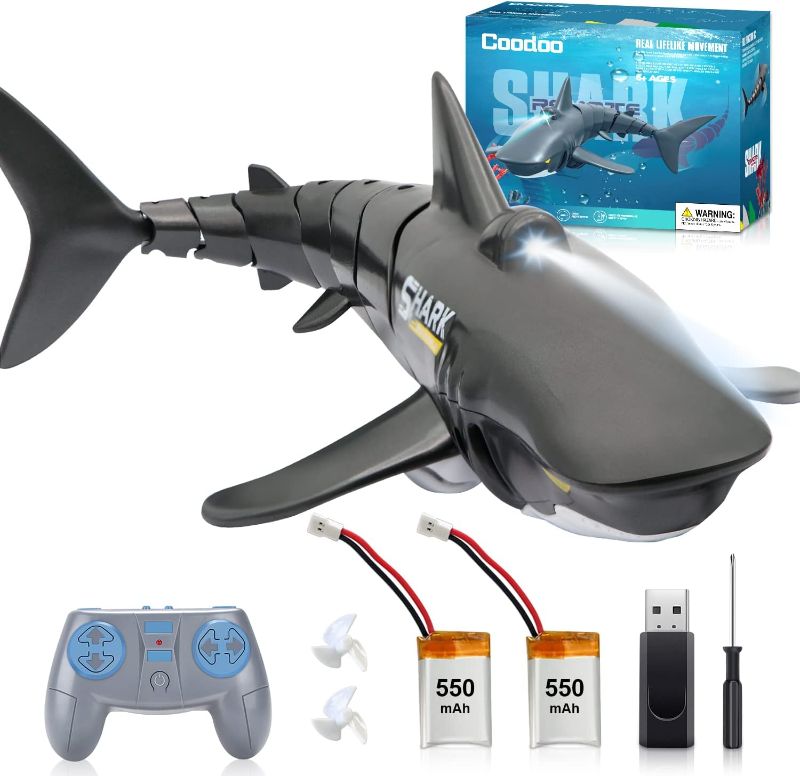 Photo 1 of 2.4G Remote Control Shark Toy 1:18 Scale High Simulation Shark Shark for Swimming Pool Bathroom Great Gift RC Boat Toys for 6+ Year Old Boys and Girls (with 2 Batteries)
