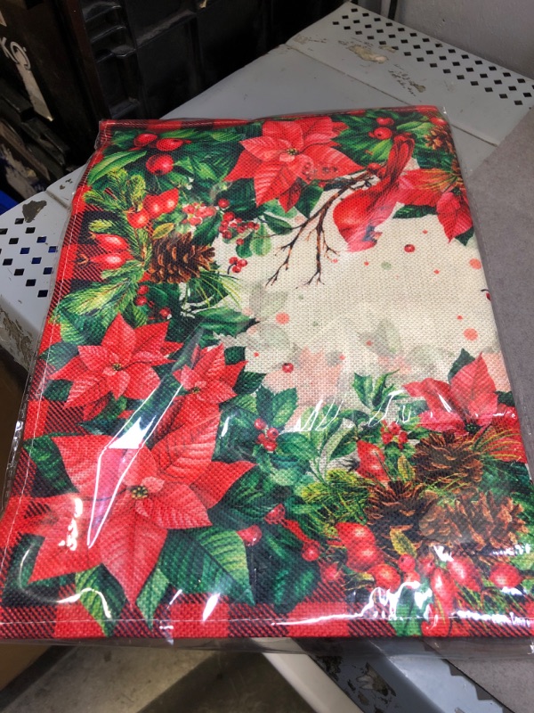 Photo 2 of 7 Pieces Christmas Cardinal Bird Table Runners Placemats Red Black Buffalo Plaid Cardinal Birds Poinsettia Table Runner Xmas Holly and Berry Table Mat Set for Winter Holiday New Year Party Supplies Floral