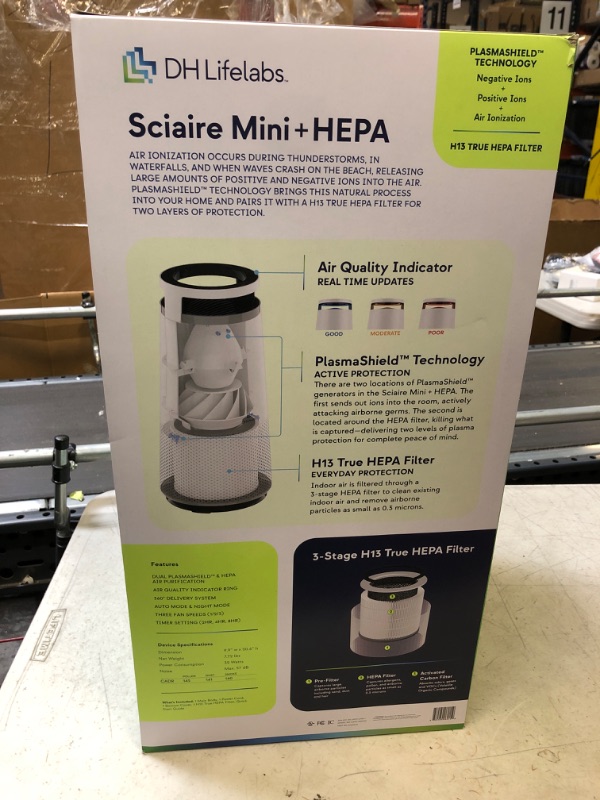 Photo 2 of DH Lifelabs Sciaire Mini + HEPA Air Purifier | PlasmaShield™ Tech | H13 True HEPA Filter | Eliminate 99.97% Bacteria & Viruses and 99.97% Airborne Pollutants | Neutralize Odors & VOCs | 217 sqft Rooms