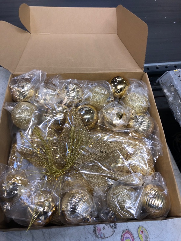 Photo 1 of 27 Pieces Christmas Tree Decoration Set, Christmas Star Tree Topper 25 Christmas Ball Ornaments and 48'' Christmas Sequin Tree Skirt for Holiday Xmas Tree Decoration (Gold)