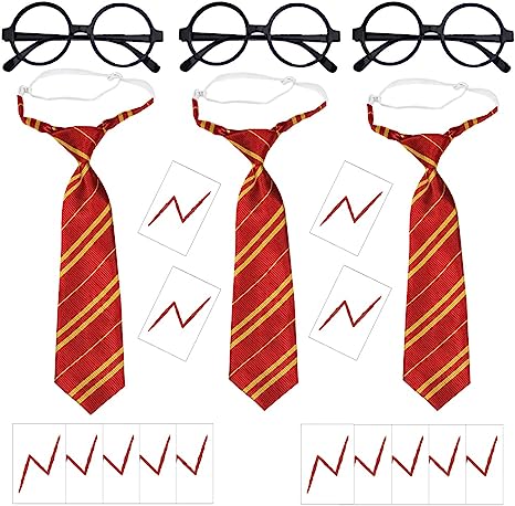 Photo 1 of 21Pcs Wizard Striped Tie Set for Kids Novelty Wizard Glasses Bolt Scar Tattoo Wizard Dress up Cosplay Costume Accessories for Kids Boys Halloween Christmas Birthday Party and Daily
