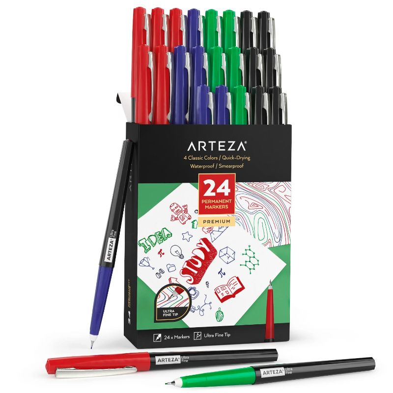 Photo 1 of ARTEZA Permanent Markers, 24 Pens, 4 Classic Colors, 2-mm Line, 4.2-mm Ultra-Fine Tip, Quick-Drying, Water Resistant, for Calligraphy and Making Signs Set 24, 4 Classic Colors (FACTORY SEALED)