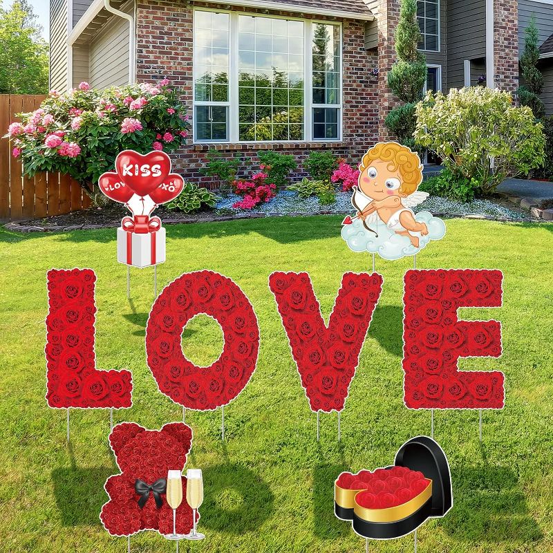 Photo 1 of 8 Pieces Valentine's Day Yard Sign Decoration Outdoor Lawn Signs with Stake Valentine Love Yard Sign Love Heart Cupid Rose Bear Lawn Sign for Valentine's Day Decoration