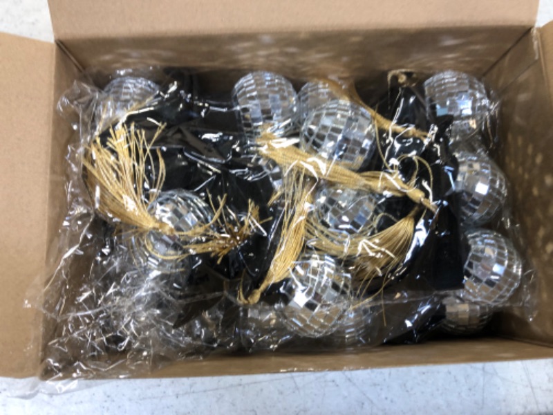 Photo 1 of 24 Pieces Graduation Ornaments Mirror Ball with Mini Graduation Hat Tiny Disco Ball Bright Reflective Mirror 4th of July Graduation Party Supplies, Room, Home, Bar, Hanging Disco Decor 24 Graduation Hat