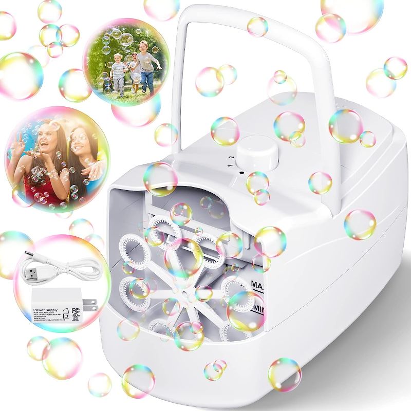 Photo 1 of Bubble Machine, Automatic Bubble Blower Electronics Bubble Maker for Kids 10000+ Bubbles Per Minute with 2 Speeds, 8 Wands,Plug-in or Batteries Bubbles Toy for Outdoor/Indoor Party Birthday (White)
