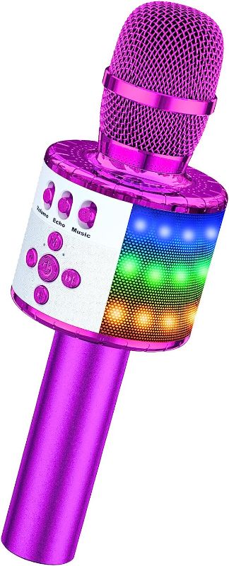 Photo 1 of BONAOK Wireless Bluetooth Karaoke Microphone with Controllable LED Lights, 4-in-1 Portable Handheld Mic Speaker for All Smartphones, Birthday for Kids Adults All Age Q78(Purple)
