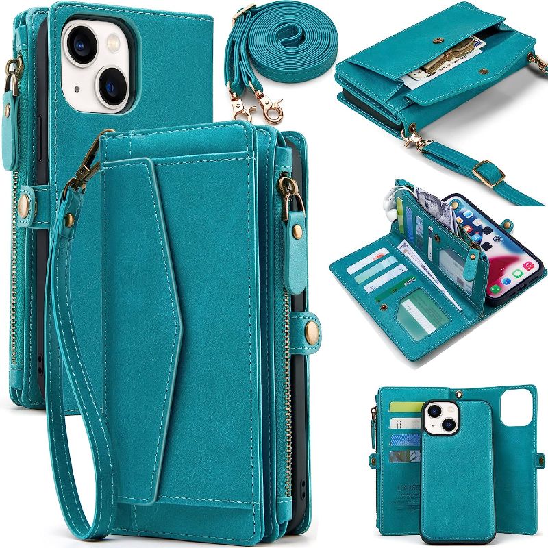 Photo 1 of DKDKSIP for iPhone 14 Plus Wallet Case for Women, Support Wireless Charging with RFID Blocking Card Holder, Leather Zipper 2 in 1 Detachable Magnetic Phone Case with Crossbody Strap Wristlet, Blue
