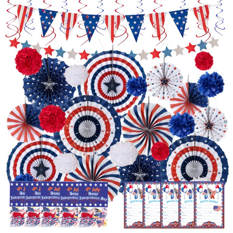 Photo 1 of 48 Pcs Patriotic Party Supplies of Paper Fans Star Banner Pennant Flower Ball for 4th of July, Independence Day, Memorial Day, Veterans Day, Patriotic Party Favor Indoor/Outdoor Decoration