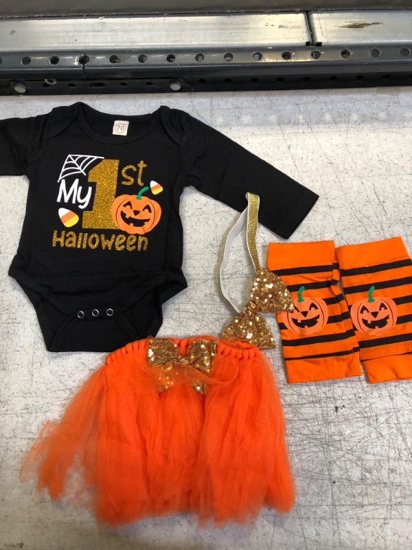 Photo 2 of Baby Girls Halloween Outfits My 1st Halloween Romper+ Tutu Dress+ Striated Leg Warmer+ Bunny Headband 4Pcs Outfit Set 6-12M
