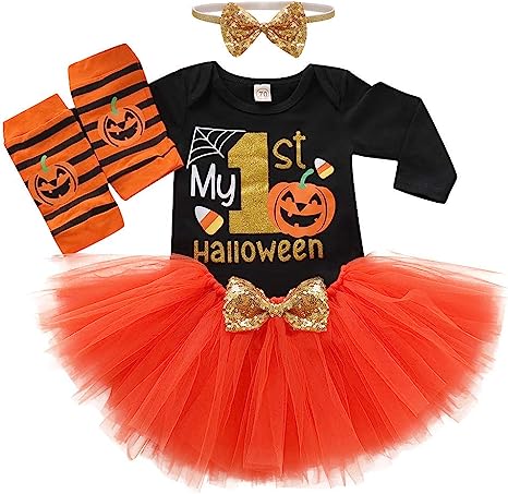 Photo 1 of Baby Girls Halloween Outfits My 1st Halloween Romper+ Tutu Dress+ Striated Leg Warmer+ Bunny Headband 4Pcs Outfit Set 6-12M
