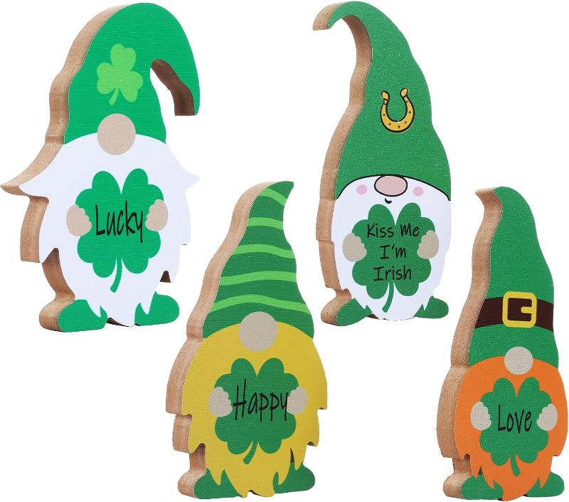 Photo 1 of 4PCS St Patricks Day Wooden Gnome Decor for Home, Farmhouse Irish Themed Gnome Sign Freestanding Tabletop Centerpiece Block Decorations for Indoor Table Tiered Tray Desk Mantle Fireplace Shelf Office
