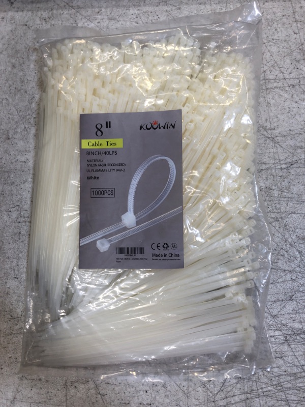 Photo 2 of 1000 Pack 8 Inch Bulk KOOWIN Nylon Plastic Cable Zip Ties Medium Wire Wraps White
