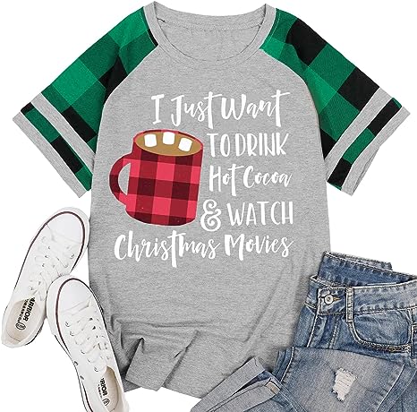 Photo 1 of Christmas Coffee Graphic T-Shirt Women Funny Cute Cocoa Top Movie Watching Crewneck Short/Long Sleeve Tee Shirt XL
