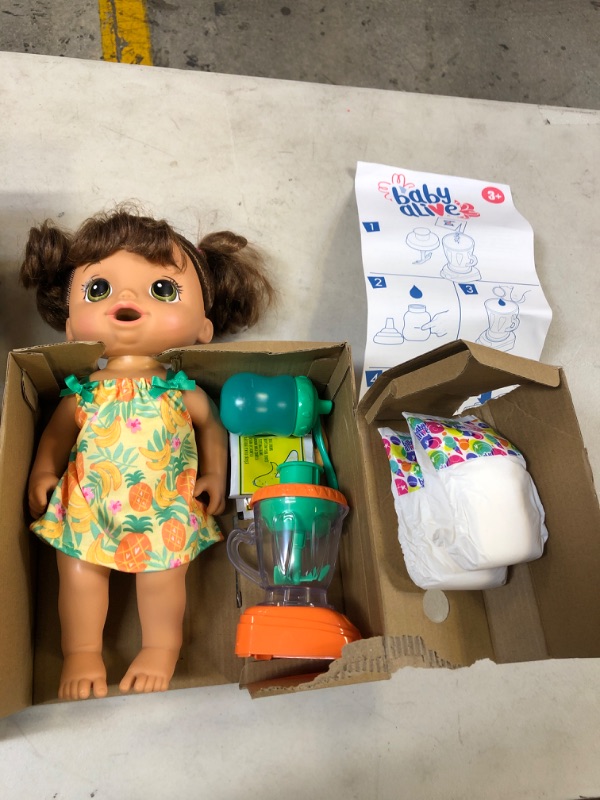 Photo 1 of Baby Alive Magical Mixer Baby Doll Tropical Treat with Blender Accessories, Drinks, Wets, Eats, Brown Hair Toy for Kids Ages 3 and Up Frustration-Free Packaging
