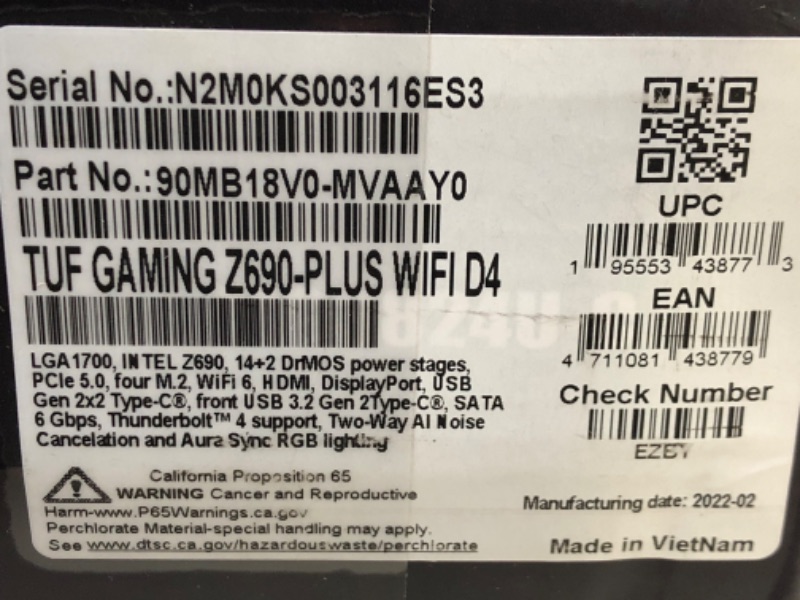 Photo 4 of ASUS TUF Gaming Z690-Plus WiFi D4 LGA1700(Intel 12th Gen) ATX gaming motherboard(PCIe 5.0, DDR4,4xM.2/NVMe SSD,14+2 power stages,WiFi 6,2.5Gb LAN,front USB 3.2 Gen 2 Type-C,Thunderbolt 4,ARGB headers)