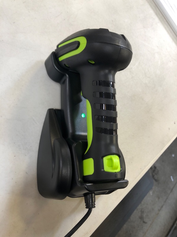 Photo 2 of Alacrity Upgraded 2D Industrial Barcode Scanner with Wireless Charging Stand, 1968 Feet Transmission Distance 433Mhz Wireless & Bluetooth 2in1 Barcode Reader, Shock Dust Proof Hands Free, Green
