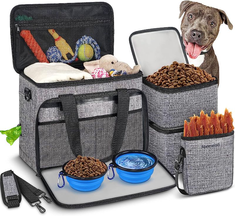 Photo 1 of 6 Set Dog Travel Bag, Large Pet Travel Kit for Supplies Includes 2 Food Containers, 1 Travel Organizer for Dogs, 2 Collapsible Bowls, 1 Treat Pouch, Dog Weekend Overnight Travel Bags Luggage, Grey
