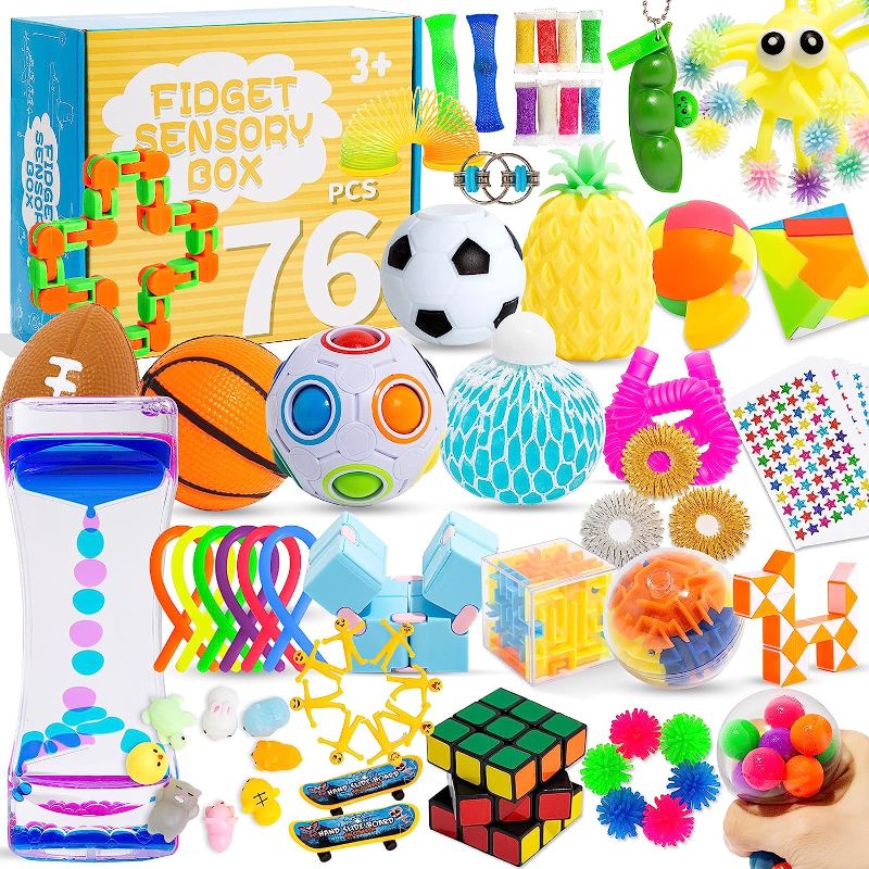 Photo 1 of 76 Pack Sensory Fidget Toys Set, Stress Relief and Anti-Anxiety Bundle Sensory Toys for Kids Adults, Cool Fidget Packs with Mochi Squishy, Magic Rainbow Ball, Motion Timer, Flippy Chain,Stress Ball...
