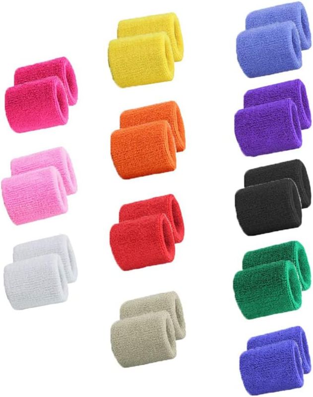Photo 1 of 12 COUNT Colorful Sports Wristbands Cotton Sweatband Wristbands Wrist Sweatbands Wrist Sweat Bands for Tennis,Sport, Basketball,Gymnastics,Golf,Running