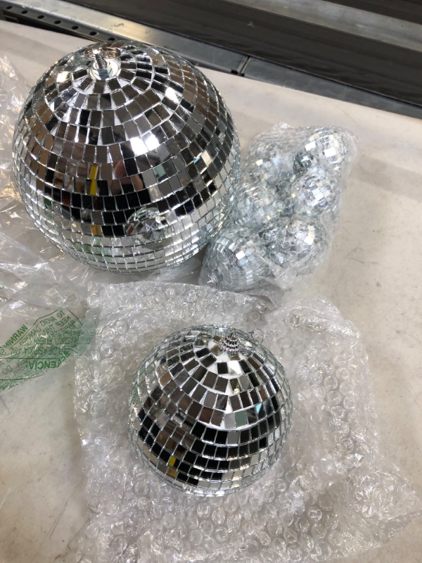 Photo 2 of 8 Pieces Mirror Disco Ball Glass Mirror Reflective Silver Ball Decorations Hanging Disco for Disco Theme Party Decorations Disco Stage Club School Home Decor
