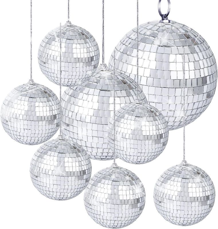 Photo 1 of 8 Pieces Mirror Disco Ball Glass Mirror Reflective Silver Ball Decorations Hanging Disco for Disco Theme Party Decorations Disco Stage Club School Home Decor
