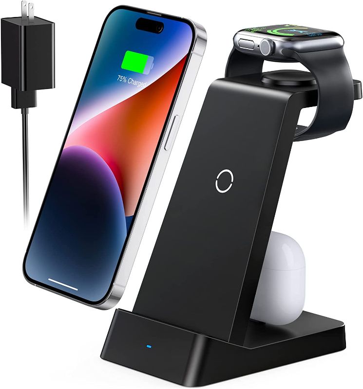 Photo 1 of Wireless Charging Station, 18W Fast Wireless Charger for iPhone 14/13/12/11/Pro/Max/SE/XS/XR/X/8 Plus/8, 3 in 1 Wireless Charging Dock Stand for Apple Watch Series & Airpods (with Adapter)
