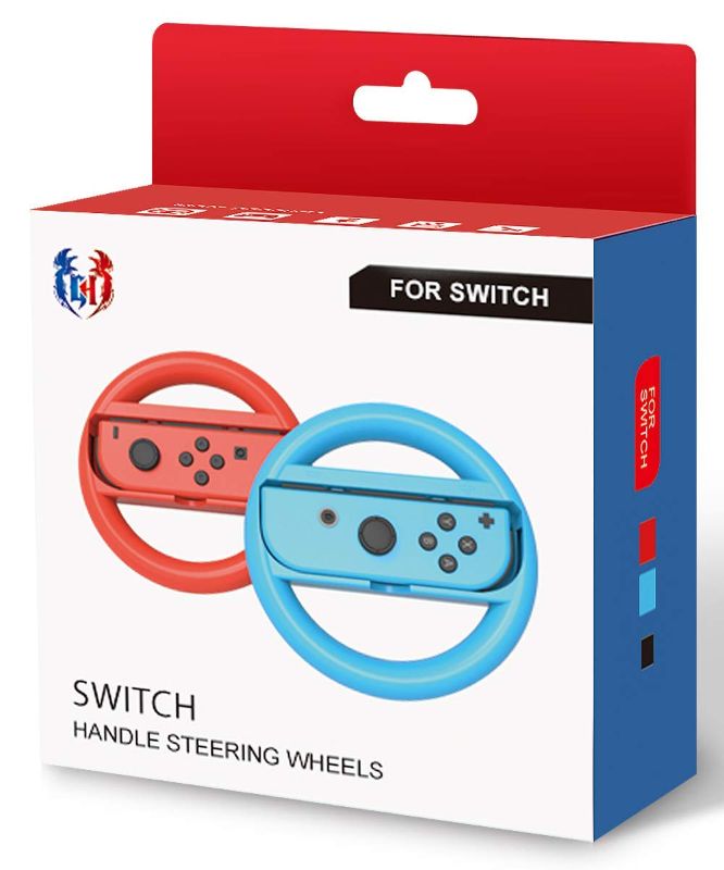 Photo 1 of Switch Steering Wheel Compatible with Mario Kart 8 Deluxe and Booster Course Pass (DLC), GH Racing Wheel Accessories Compatible with Nintendo Switch/Switch OLED Joy Con Controller (Red and Blue)
