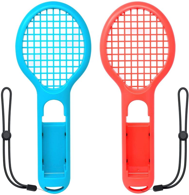 Photo 1 of Tennis Racket for Nintendo Switch Joy-Con Controller with Wrist Strap, Sports Game Accessories for Mario Tennis Aces - Use for Swing Mode on NS (Red and Blue)
