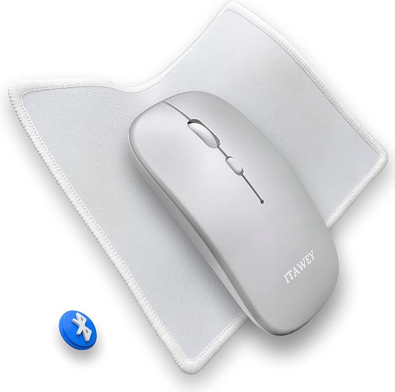 Photo 1 of ITAWEY Bluetooth Mouse and Pad Combo, Wireless, Rechargeable, no USB Receiver Needed nor Included, Quiet Clicks, Compact Set, 1600 DPI High Precision for PC Laptop Tablet - Silver Matt
