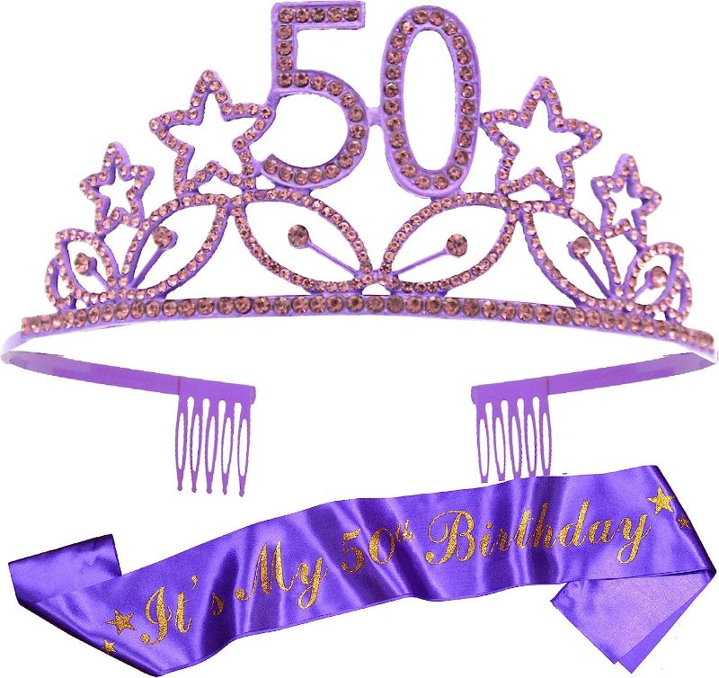 Photo 1 of 50th Birthday Gifts for Woman, 50th Birthday Tiara and Sash for Women, 50th Birthday Tiara, 50th Birthday Sash, 50th Birthday Crown Purple, 50th Tiara and Sash, Happy 50th Birthday Party Supplies
