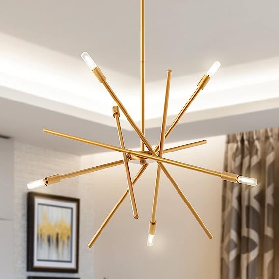 Photo 1 of VILUXY Contemporary Chandelier Lighting Fixture 6-Light Antique Brass Brush Paint Finish Mid-Century Pendant Lighting for Dining Room Bedroom Kitchen Living Room