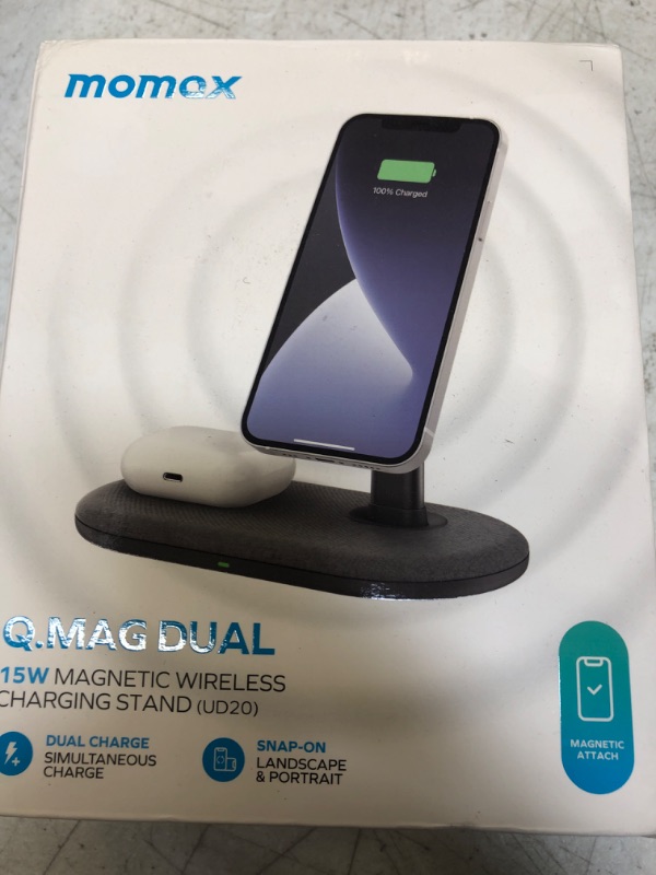 Photo 2 of MOMAX Wireless Charger Stand, Transparent Wireless Magnetic Charger, 15W Q.Mag Dual Charging Phone Stand, 2 in 1 Charging Station for iPhone 14/Pro/Plus/Pro Max, AirPods (No AC Adapter)