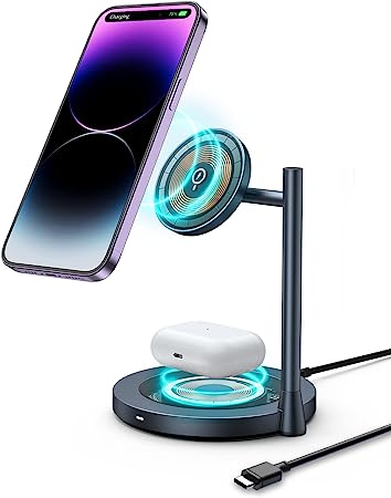 Photo 1 of MOMAX Wireless Charger Stand, Transparent Wireless Magnetic Charger, 15W Q.Mag Dual Charging Phone Stand, 2 in 1 Charging Station for iPhone 14/Pro/Plus/Pro Max, AirPods (No AC Adapter)