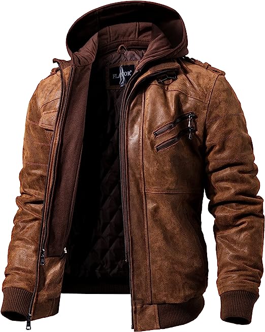 Photo 1 of FLAVOR Men Brown Leather Motorcycle Jacket with Removable Hood SIZE MEDIUM 
