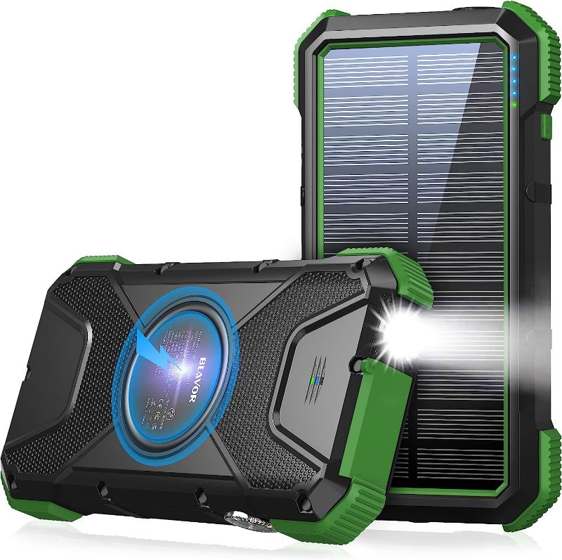 Photo 1 of BLAVOR Solar Power Bank, PD 18W QC3.0 Fast Charging 10W Wireless Charger 20000mAh Solar Powered Powerbank, Type C Input/Output, IPX5 Waterproof, Camping Flashlight, Compass, Carabiner(Dark Green)
