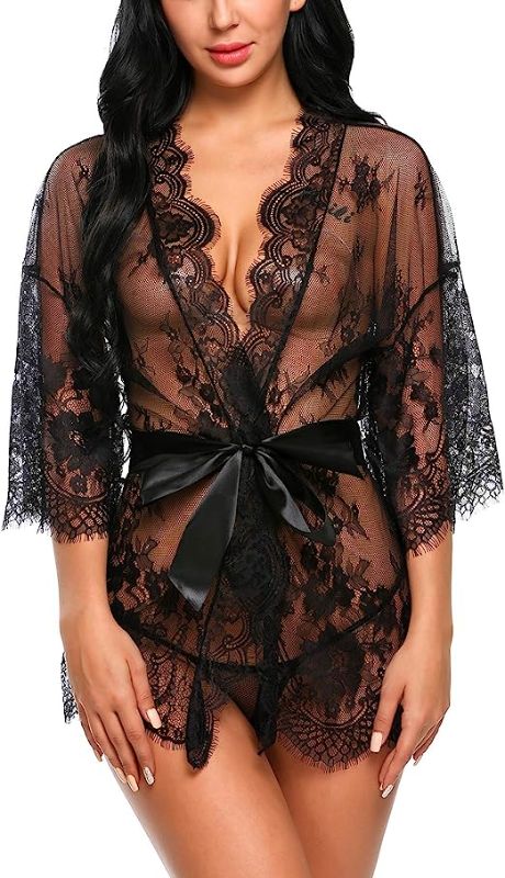 Photo 1 of Avidlove Women's Lace Kimono Robe Babydoll Lingerie Mesh Nightgown S-5XL 1black XX-Large