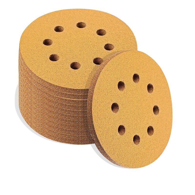 Photo 1 of Spmarkt 50Pcs 5 Inch Sanding Discs, 8 Hole Dustless Hook and Loop, Gold Premium Sandpaper Set, 10 Each of Grit 80/120 / 180/240 / 320, for Woodworking or Automotive
